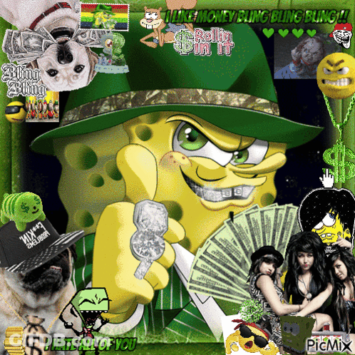 SpongeBob Holding Money Fan Saying I Like Money Bling Bling GIF