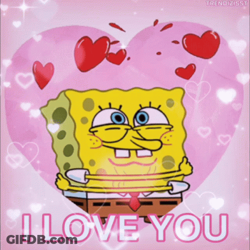 A Picture Of Spongebob Saying I Love You With Hearts Surrounding Him GIF