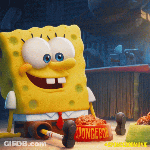 A Picture Of Spongebob Sitting Next To A Bowl Of Spongebob Food GIF