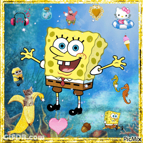 A Picture Of Spongebob Surrounded By Hello Kitty Minions And Other Cartoon Characters GIF