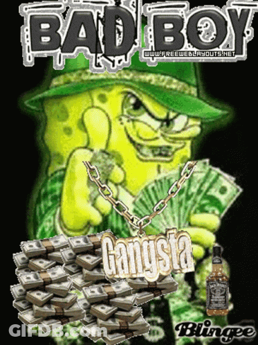 A Picture Of Spongebob Wearing A Green Hat And Holding Stacks Of Money And A Bottle Of Jack Daniels GIF
