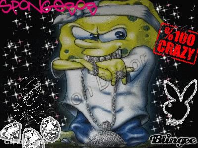 A Picture Of Spongebob Wearing A Hoodie And A Necklace With The Words Spongebob % 100 Crazy On The Bottom GIF