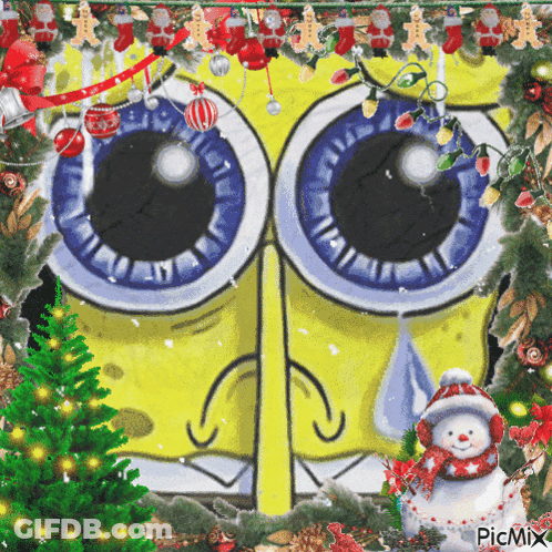 A Picture Of Spongebob With A Christmas Tree And A Snowman GIF