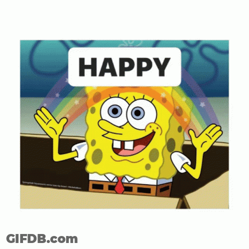 A Picture Of Spongebob With A Happy Sticker On His Head GIF