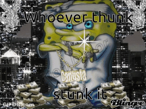 A Picture Of Spongebob With The Words Whoever Thunk Stunk It Written On It GIF