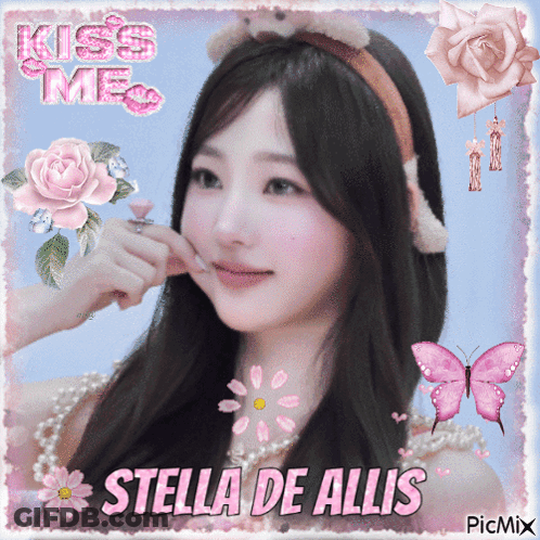 A Picture Of Stella De Allis With Pink Flowers And Butterflies GIF