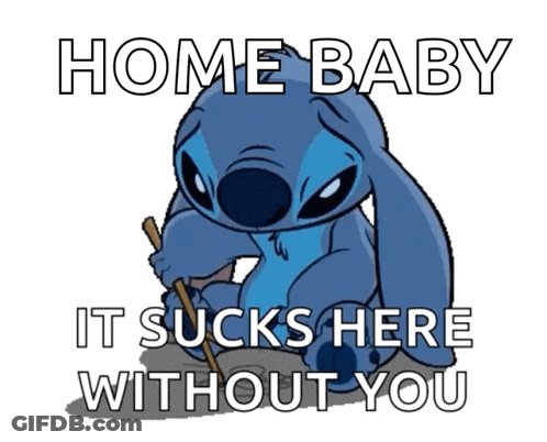 A Picture Of Stitch Holding A Stick With The Words Home Baby It Sucks Here Without You GIF