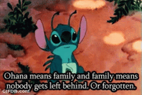 A Picture Of Stitch With A Quote That Says Ohana Means Family And Family Means Nobody Gets Left Behind GIF