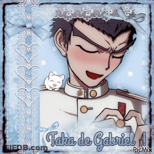 A Picture Of Taka De Gabriel With A Cat Sitting On His Head GIF