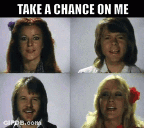 A Picture Of The Abba Band With The Words Take A Chance On Me GIF