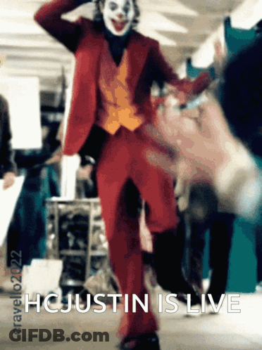 A Picture Of The Joker With The Words Hcjustin Is Live Below Him GIF