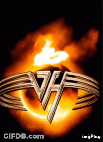 A Picture Of The Van Halen Band Logo On A Fire Background GIF