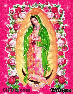 A Picture Of The Virgin Mary Is Surrounded By Flowers On A Pink Background . GIF