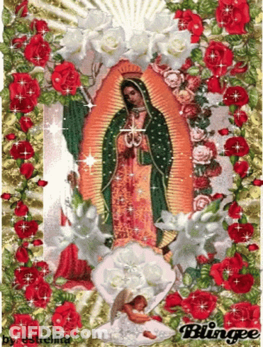 A Picture Of The Virgin Mary Is Surrounded By Red Roses And White Flowers GIF