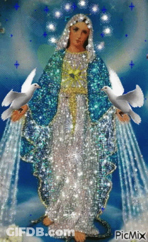 A Picture Of The Virgin Mary With A Snake And Doves GIF