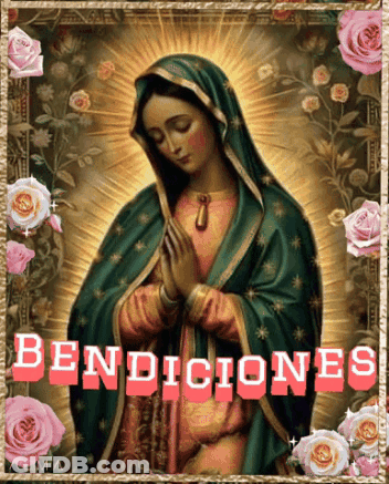 A Picture Of The Virgin Mary With The Words Bendiciones Written On It GIF