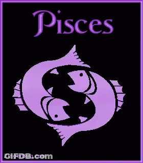 A Picture Of The Zodiac Sign Pisces With Purple Fish On A Black Background GIF
