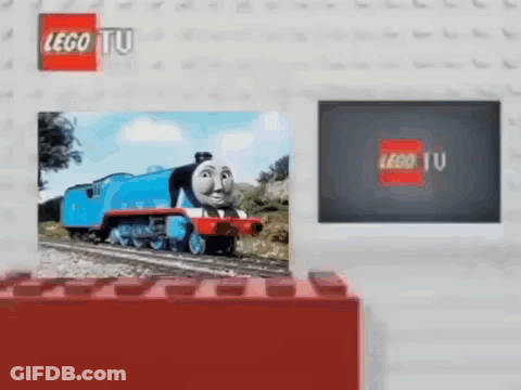 A Picture Of Thomas The Tank Engine On A Lego Tv Screen GIF