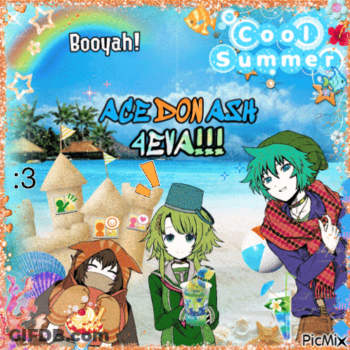 A Picture Of Three Anime Characters On A Beach With The Words Booyah Ace Donash 4Eva GIF