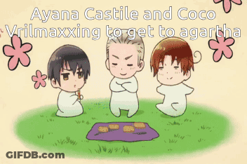 A Picture Of Three Anime Characters With The Words " Ayana Castile And Coco Virilmaxxing To Get To Agartha " GIF