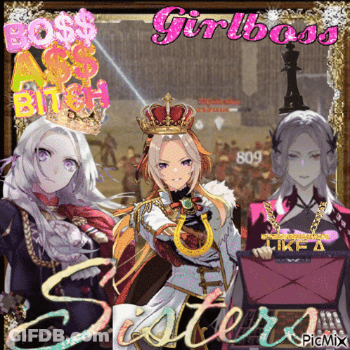 A Picture Of Three Anime Girls With The Words Boss Ass Bitch And Girlboss GIF