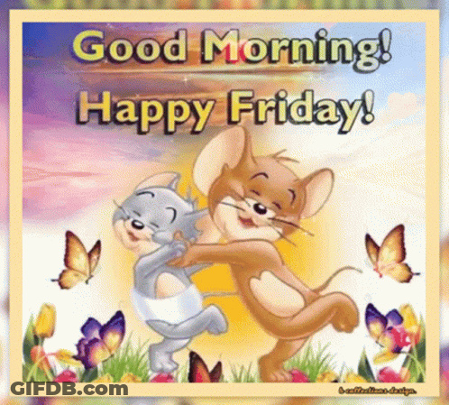 A Picture Of Tom And Jerry Hugging Each Other With The Words " Good Morning Happy Friday " GIF