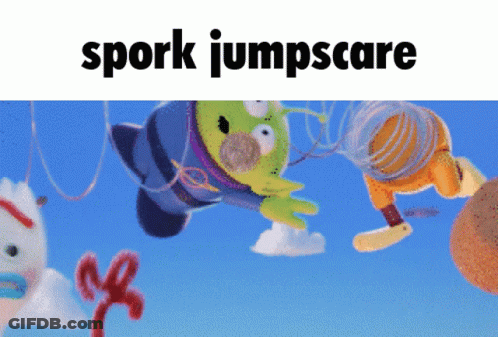 A Picture Of Toy Story Characters With The Words Spork Jumpscare Below Them GIF