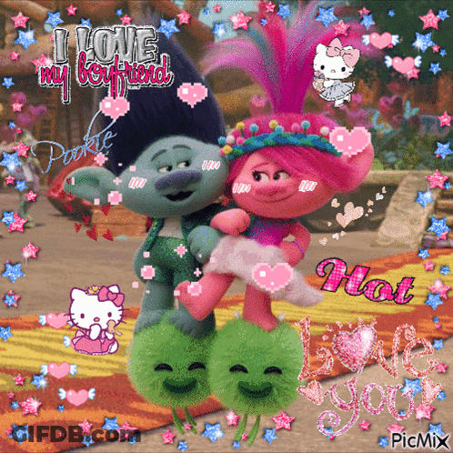 A Picture Of Trolls With The Words " I Love My Boyfriend " GIF