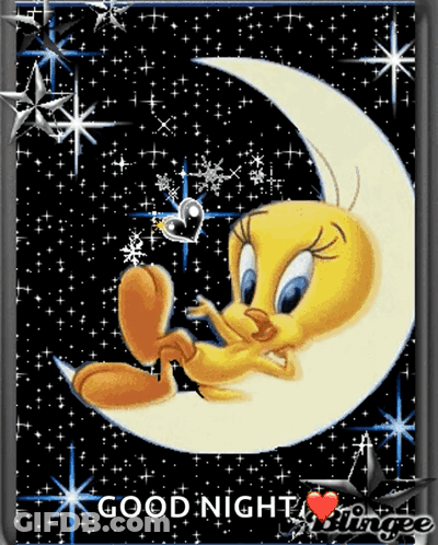 A Picture Of Tweety Sitting On A Crescent Moon With The Words Good Night GIF