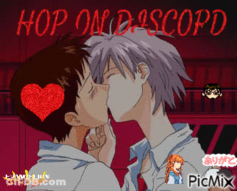 A Picture Of Two Anime Characters Kissing With The Words Hop On Discord Behind Them GIF