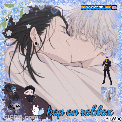A Picture Of Two Anime Characters Kissing With The Words Hop On Roblox GIF