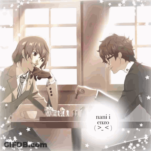 A Picture Of Two Anime Characters Playing Chess With The Name Nani I Enzo Written On The Bottom GIF