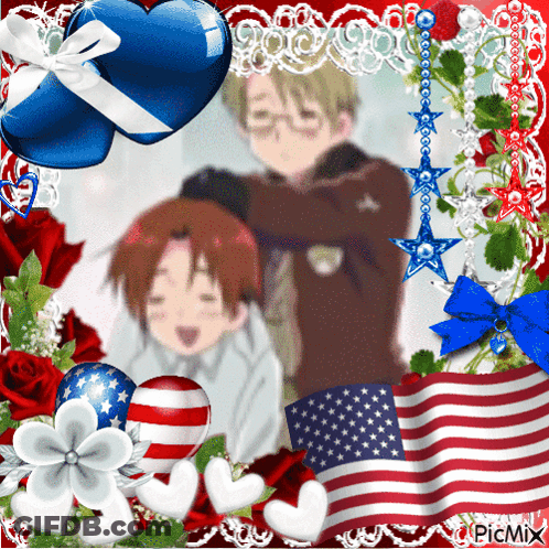 A Picture Of Two Anime Characters Surrounded By American Flags GIF