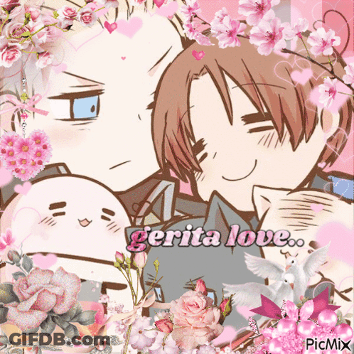 A Picture Of Two Anime Characters Surrounded By Flowers And The Words " Gerta Love " On The Bottom GIF