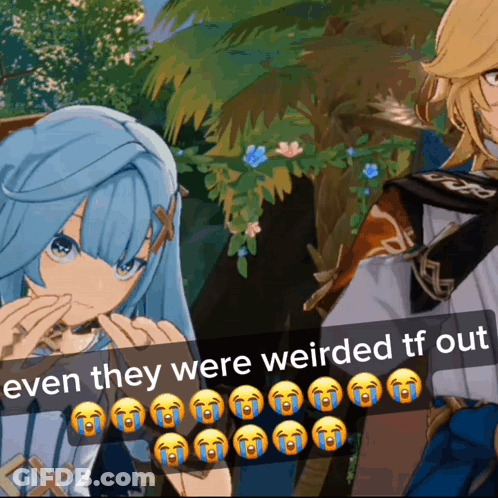 A Picture Of Two Anime Characters With The Caption " Even They Were Weirded Tf Out " On It GIF