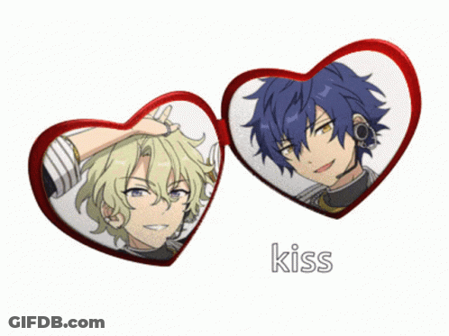 A Picture Of Two Anime Characters With The Word Kiss Underneath Them GIF