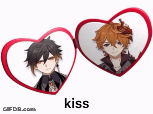 A Picture Of Two Anime Characters With The Word Kiss Underneath Them GIF