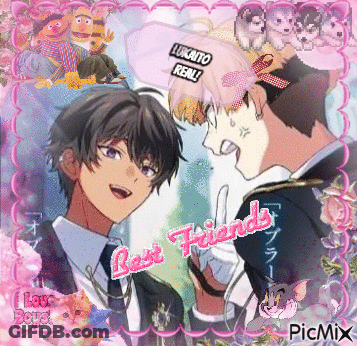A Picture Of Two Anime Characters With The Words Best Friends Written In Pink GIF