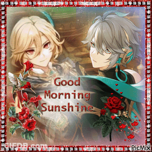A Picture Of Two Anime Characters With The Words Good Morning Sunshine Written On It GIF