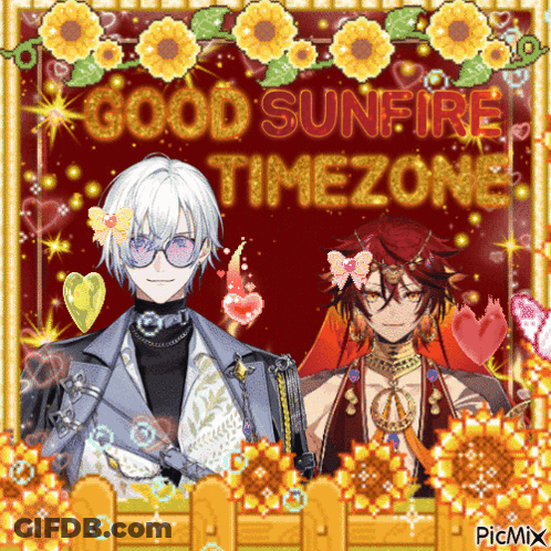 A Picture Of Two Anime Characters With The Words Good Sunfire Timezone Written On It GIF