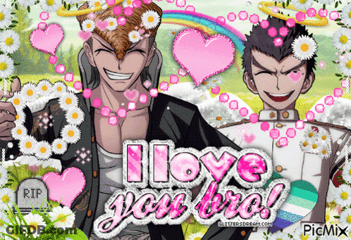 A Picture Of Two Anime Characters With The Words " I Love You Bro " On It GIF