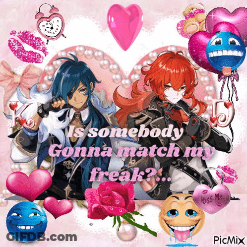 A Picture Of Two Anime Characters With The Words " Is Somebody Gonna Match My Freak " On The Bottom GIF
