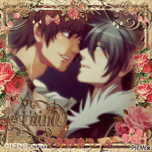 A Picture Of Two Anime Characters With The Words Je T'aime Written In The Corner GIF