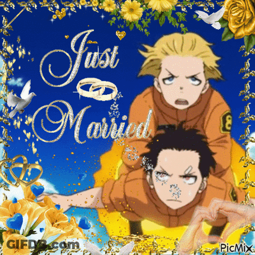 A Picture Of Two Anime Characters With The Words Just Married Written On It GIF