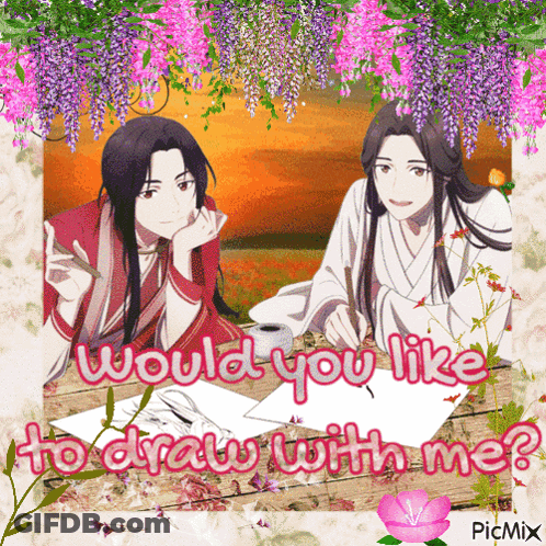 A Picture Of Two Anime Characters With The Words " Would You Like To Draw With Me " On The Bottom GIF