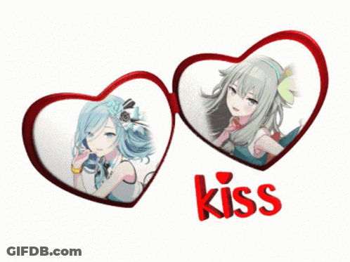 A Picture Of Two Anime Girls In Hearts With The Word Kiss Below Them GIF