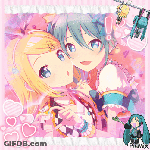 A Picture Of Two Anime Girls On A Pink Background With Hearts And Picmix GIF