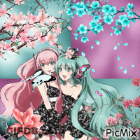 A Picture Of Two Anime Girls Surrounded By Flowers And A Butterfly GIF