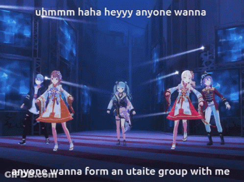A Picture Of Two Anime Girls With The Caption Uhmm Haha Heyy Anyone Wanna Anyone Wanna Form An Utaite Group GIF
