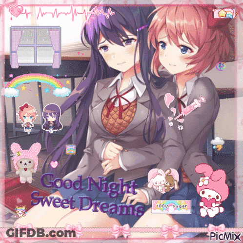 A Picture Of Two Anime Girls With The Words Good Night Sweet Dreams On It GIF